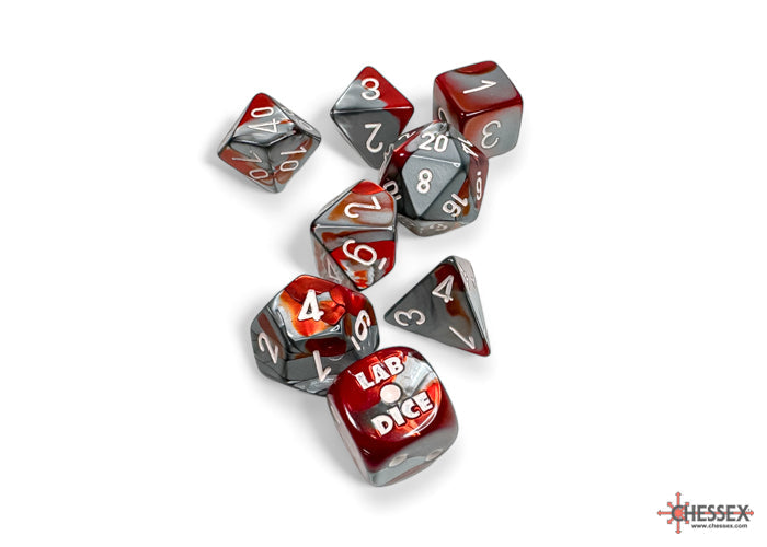 Gemini Red-Steel/white Polyhedral 7-Dice Set (with bonus die) (Online Only)