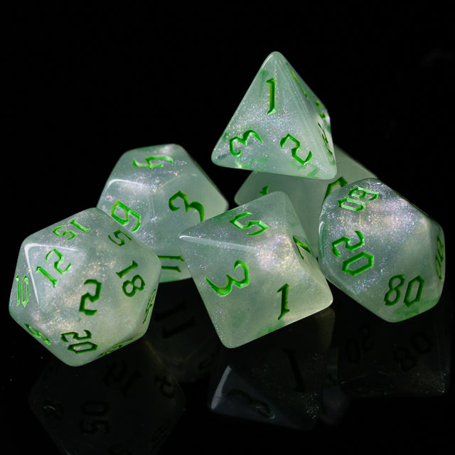 Glitter Party White Glitter Dice (Green font) 7-Dice Set RPG DND (Online Only)