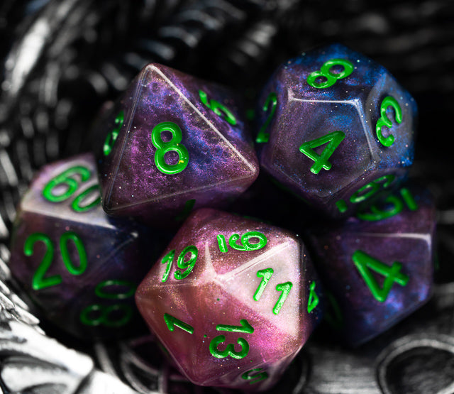 Purple & Blue w/green Galaxy Glitter 7-Dice Set RPG (Online Only)