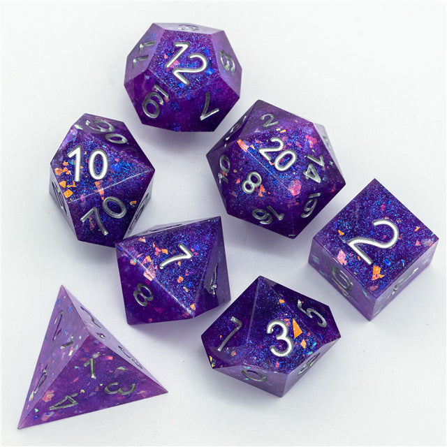 Purple Glitter Sharp Edge DND Dice Set | Gold Flake w/Silver Numbers (Online Only)