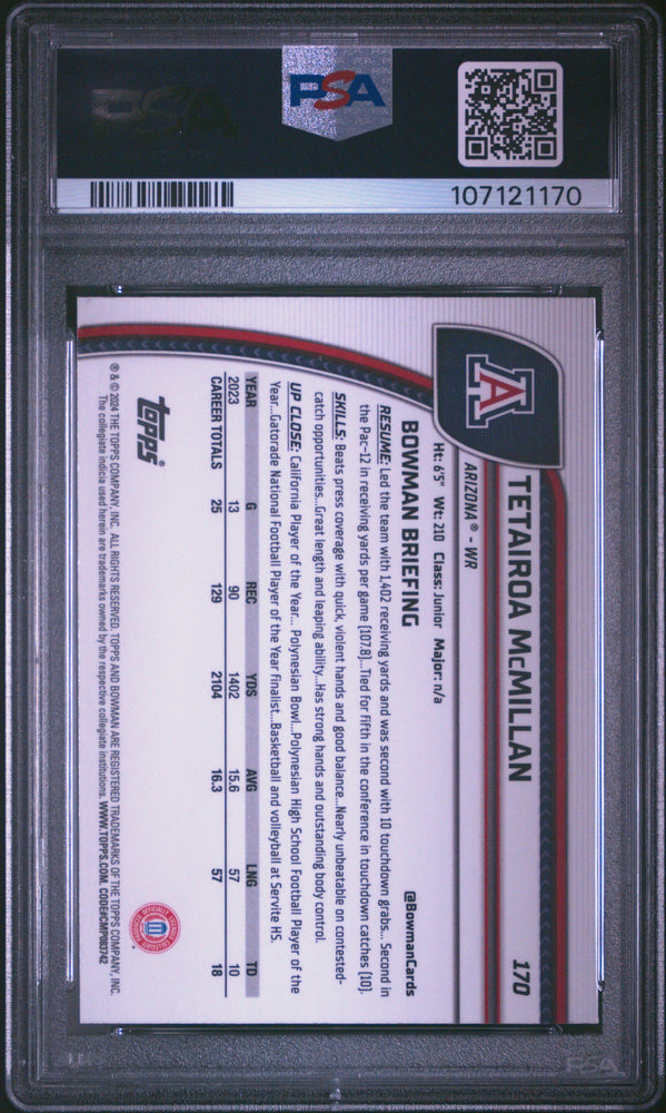 Graded 2024 Topps Bowman U Chrome Tetairoa McMillan #170 Pink Lava Rookie RC Football Card PSA 10 Gem Mint (ONLINE ORDER ONLY)