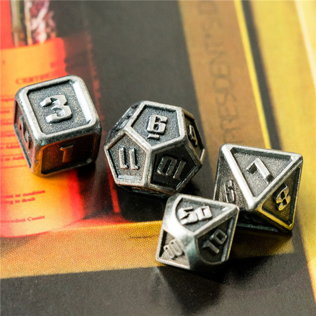Silver Mini Metal Dice Ancient Effect | (10mm to 15mm) 7-Dice Udixi RPG (Online Only)