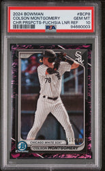 Graded 2024 Topps Bowman Colson Montgomery #BCP8 Chrome Prospects Fuchsia Lunar Refractor /199 Rookie RC Baseball Card PSA 10 Gem Mint (ONLINE ORDER ONLY)