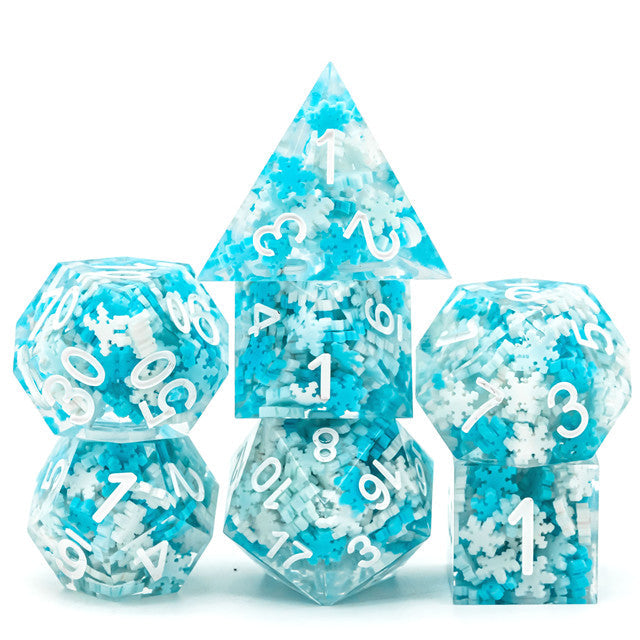 Snowflake Sharp Edge DND Dice Set | White & Blue w/White Numbers (Online Only)