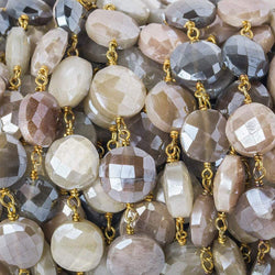 10-11mm Silver Mystic Multi Moonstone faceted coin Vermeil Chain by the foot 20 beads (ONLINE ORDER ONLY)