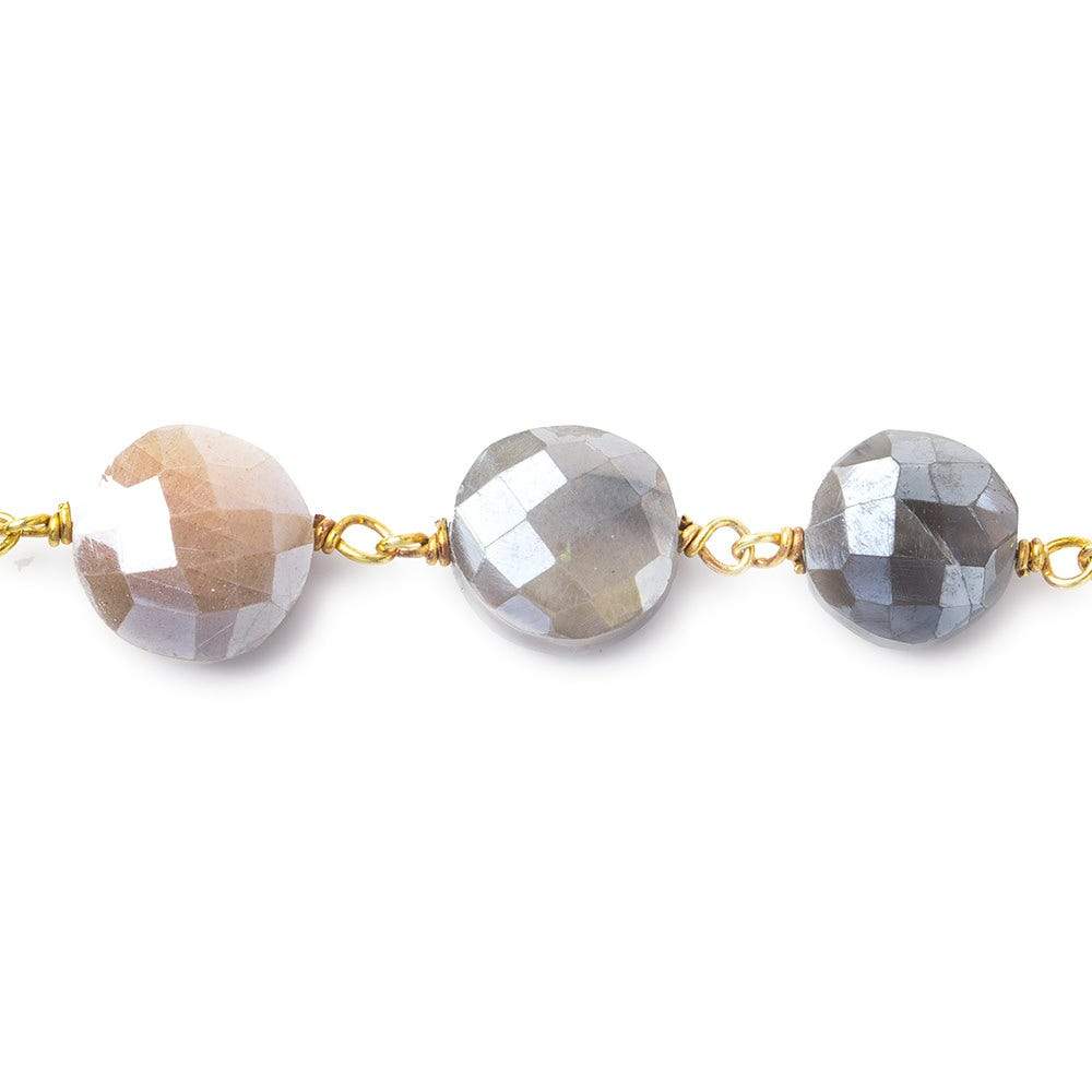 10-11mm Silver Mystic Multi Moonstone faceted coin Vermeil Chain by the foot 20 beads (ONLINE ORDER ONLY)