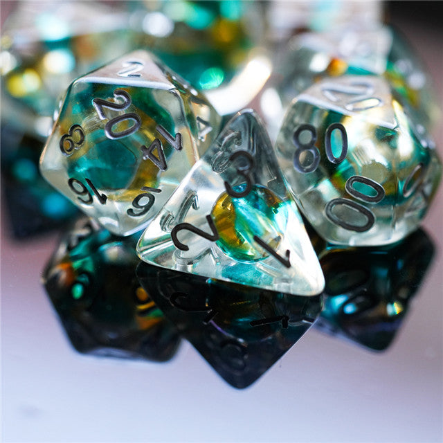 Teal & Orange Colorful Glass Bead Dice 7-Dice Set Resin (Online Only)