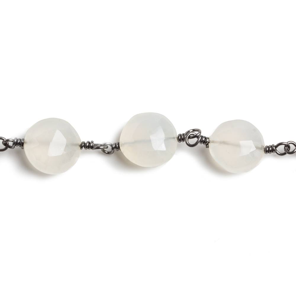 10mm Grey Chalcedony faceted coin Black Gold Chain by the foot 18 beads