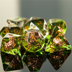 Druid (Wolf Head) Green/gold Dice w/ Golden Wolf Head 7-Dice Set Rpg (Online Only)