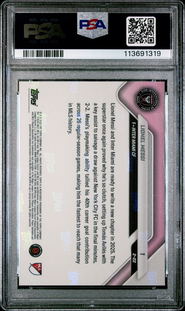 Graded 2025 Topps Now Lionel Messi #1 Fastest MLS Player to 40 Goal Contributions Soccer Card PSA 10 Gem Mint