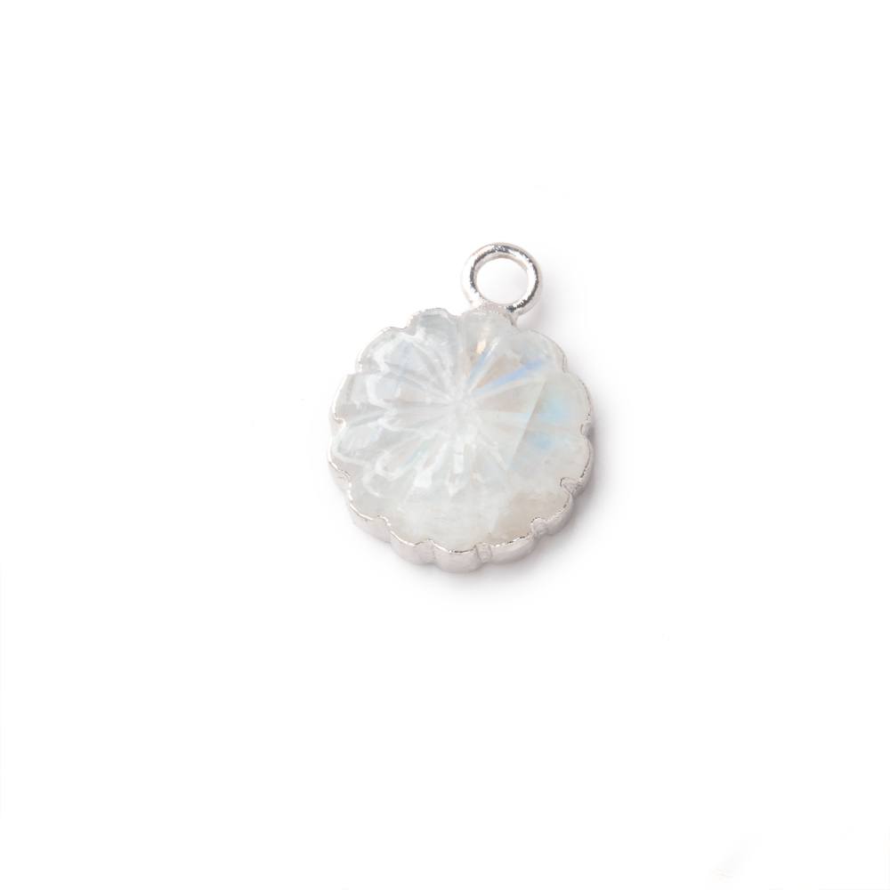 11mm Silver Leafed Rainbow Moonstone Carved Floral Coin Focal Pendant 1 piece (ONLINE ORDER ONLY)