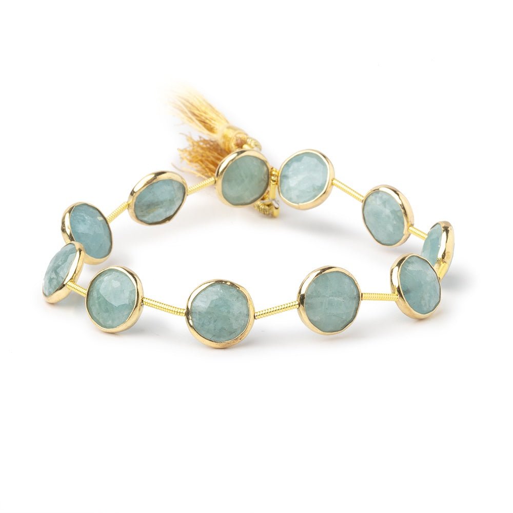 11mm Vermeil Bezel Aquamarine Faceted Coin Beads 7.5 inch 11 pieces (ONLINE ORDER ONLY)