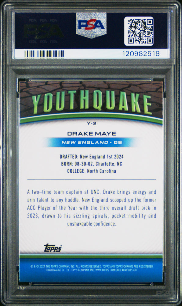 Graded 2024 Topps Chrome Drake Maye #Y2 Youthquake Pink Refractor Rookie RC Football Card PSA 10 Gem Mint (ONLINE ORDER ONLY)