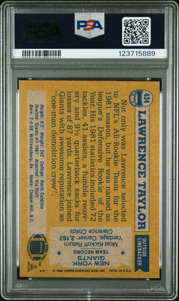 Graded 1982 Topps Lawrence Taylor #434 Rookie RC Signed Football Card PSA 4 Card - Auto Grade 8 (ONLINE ORDER ONLY)