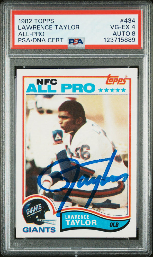 Graded 1982 Topps Lawrence Taylor #434 Rookie RC Signed Football Card PSA 4 Card - Auto Grade 8 (ONLINE ORDER ONLY)