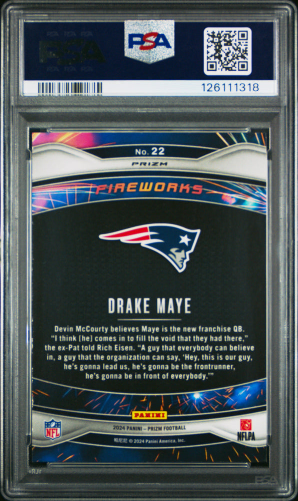 Graded 2024 Panini Prizm Drake Maye #22 Fireworks Green Prizm Rookie RC Football Card PSA 10 Gem Mint