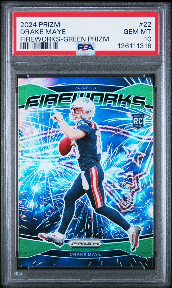 Graded 2024 Panini Prizm Drake Maye #22 Fireworks Green Prizm Rookie RC Football Card PSA 10 Gem Mint