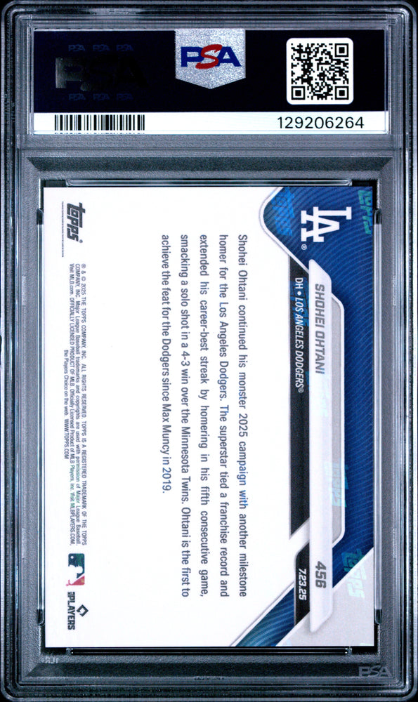 Graded 2025 Topps Now Shohei Ohtani #456 5th Straight Game with HR Ties Dodgers Record Baseball Card PSA 10 Gem Mint