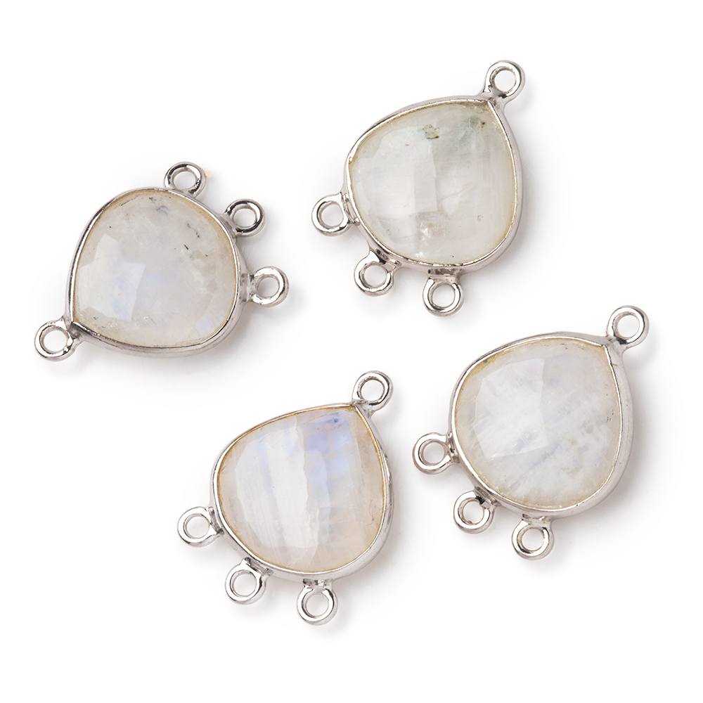 12mm .925 Silver Bezel Rainbow Moonstone faceted heart 3 ring Connector 1 piece (ONLINE ORDER ONLY)