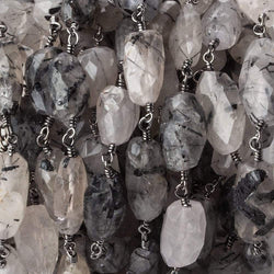 12x8-17x10mm Black Tourmalinated Quartz faceted nugget Black Gold plated Chain by the foot 14 bead per (ONLINE ORDER ONLY)