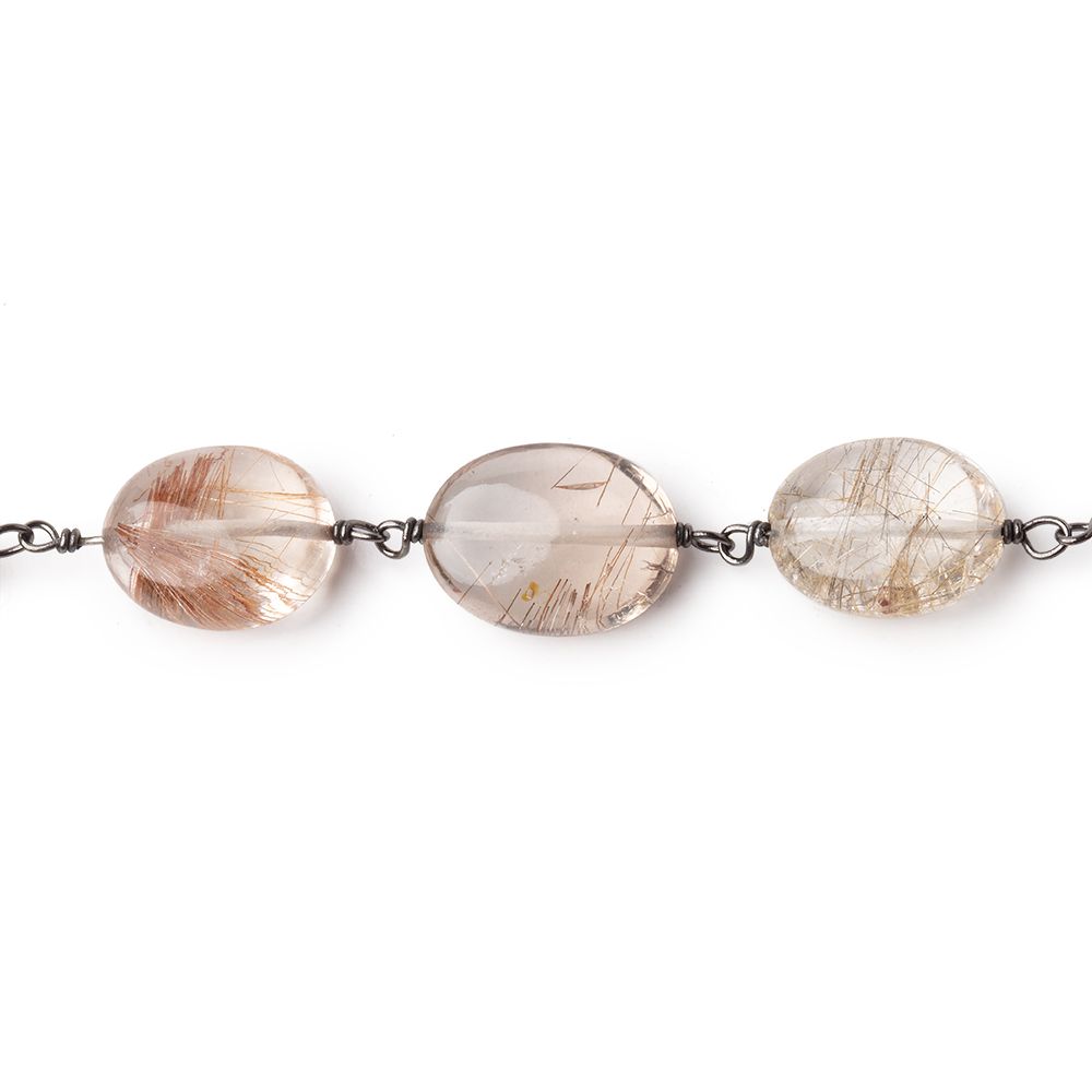 12x9mm Smoky Rutilated Quartz Plain Ovals on Black Gold over .925 Silver Chain (ONLINE ORDER ONLY)