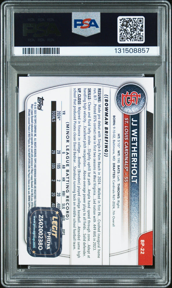 Graded 2025 Topps Bowman JJ Wetherholt #BP-22 Prospects Rookie RC Baseball Card PSA 10 Auto Grade Gem Mint