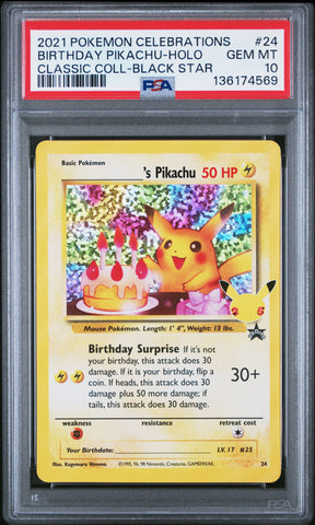 Graded 2021 PKM Celebrations BSP Birthday Pikachu #24 HOLO Classic Collection Black Star Promo Trading Card Game PSA 10 Gem Mint