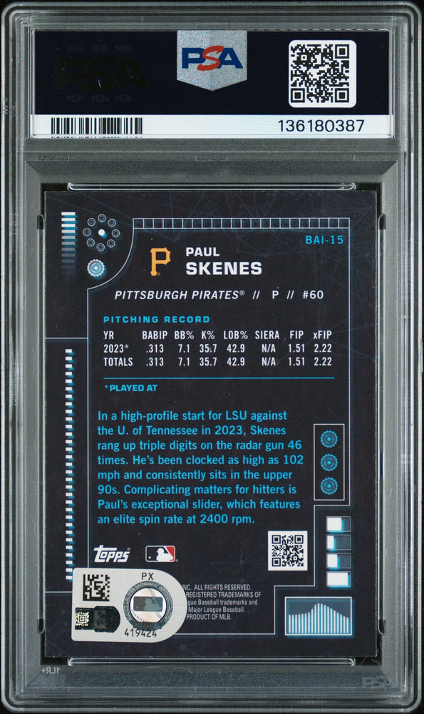 Graded 2024 Topps Bowman Paul Skenes #BAI15 AI Rookie RC Baseball Card PSA Authentic Auto