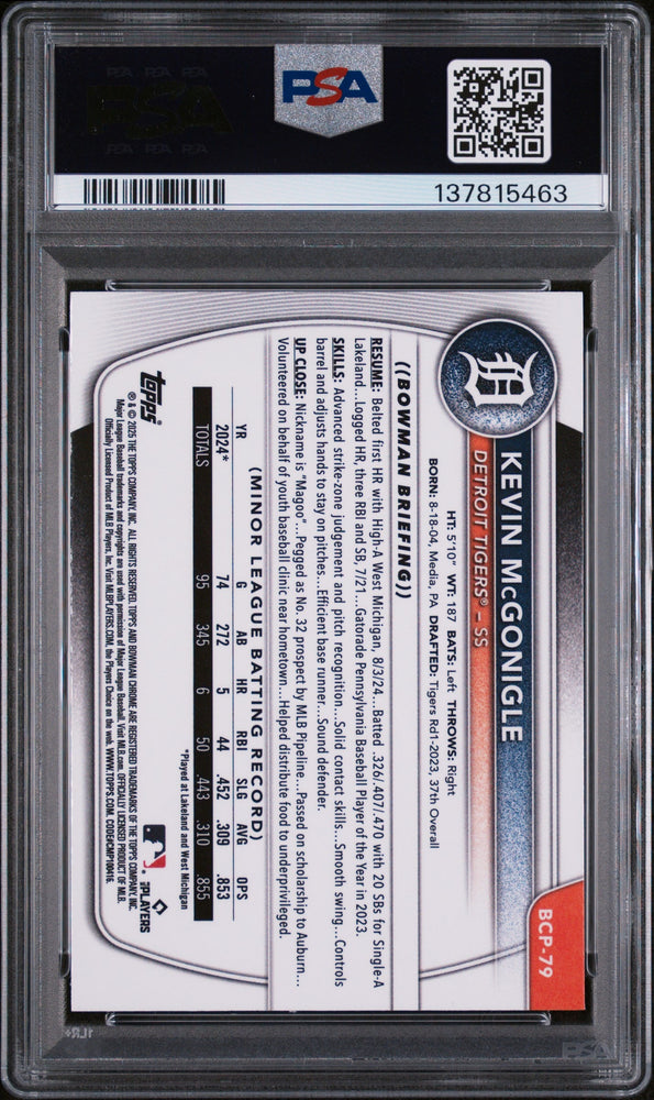 Graded 2025 Topps Bowman Chrome Kevin McGonigle #BCP79 Chrome Prospects Rookie RC Baseball Card PSA 10 Gem Mint