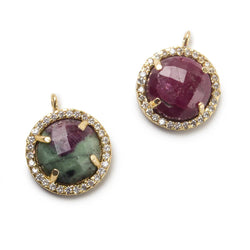 13mm Gold Bezel White CZ and Ruby in Zoisite Coin Pendant 1 focal bead (ONLINE ORDER ONLY)
