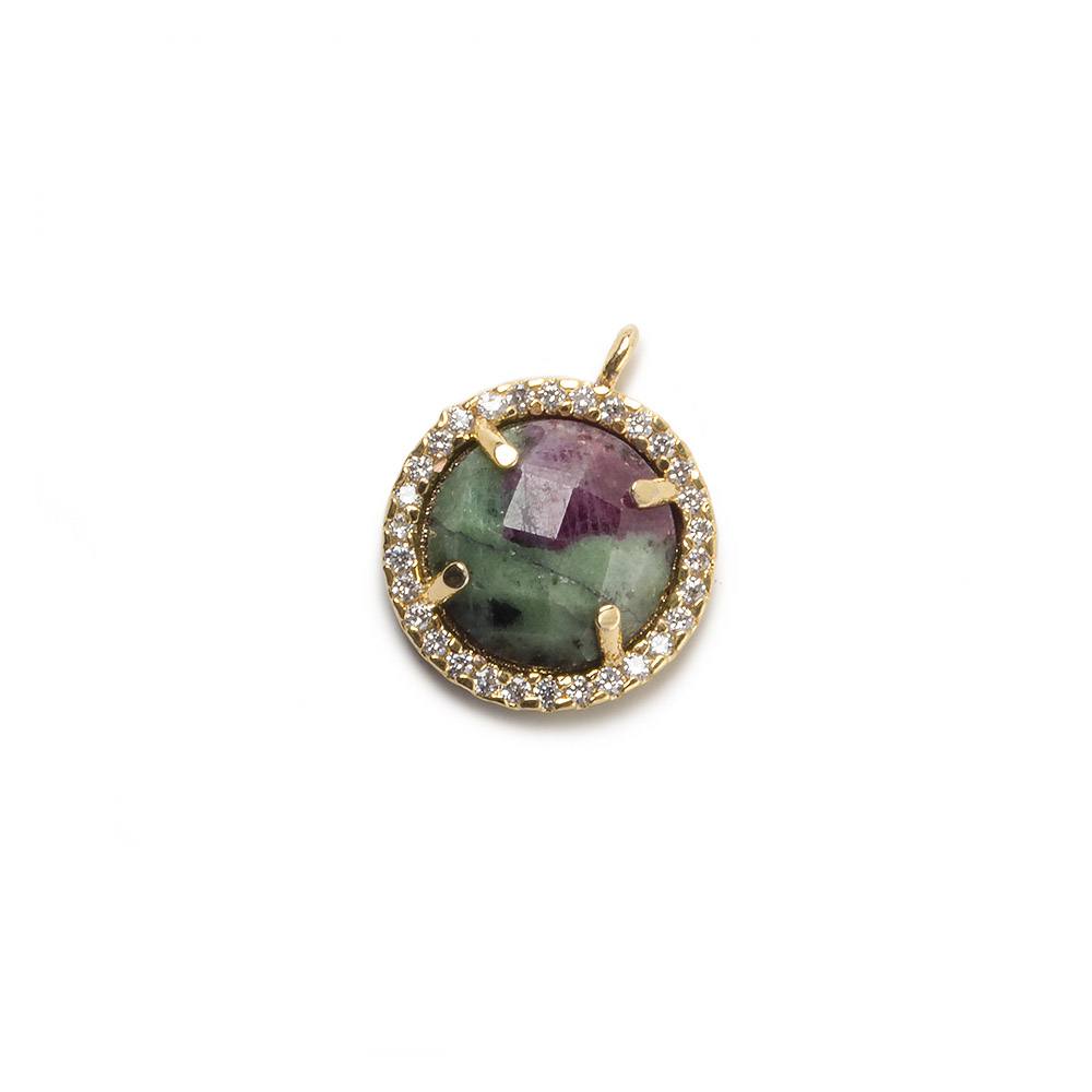 13mm Gold Bezel White CZ and Ruby in Zoisite Coin Pendant 1 focal bead (ONLINE ORDER ONLY)