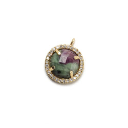 13mm Gold Bezel White CZ and Ruby in Zoisite Coin Pendant 1 focal bead (ONLINE ORDER ONLY)