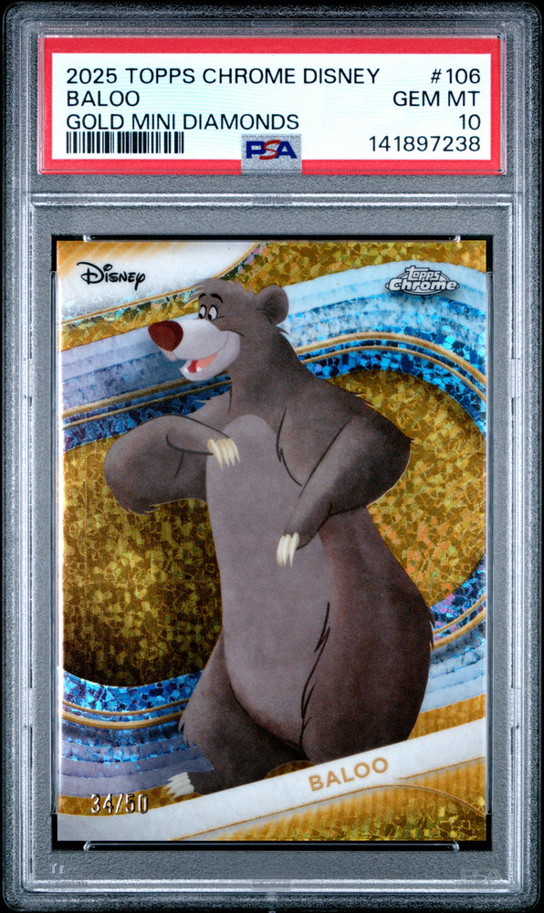 Graded 2025 Topps Chrome Disney Baloo #106 Gold Mini Diamonds #/50 The Jungle Book Trading Card PSA 10 Gem Mint