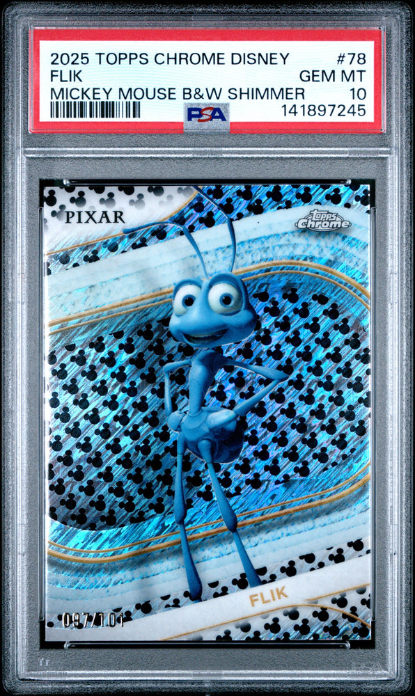 Graded 2025 Topps Chrome Disney Flik #78 Mickey Mouse Black and White Shimmer #/101 A Bug's Life Trading Card PSA 10 Gem Mint