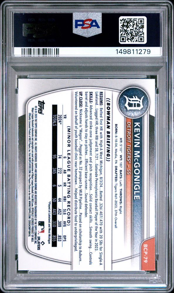 Graded 2025 Topps Bowman Chrome Kevin McGonigle #BCP79 Reptilian Refractor Rookie RC Baseball Card PSA 10 Gem Mint