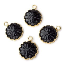14mm 22kt Gold Leafed Black Chalcedony carved floral coin Pendant 1 focal bead (ONLINE ORDER ONLY)