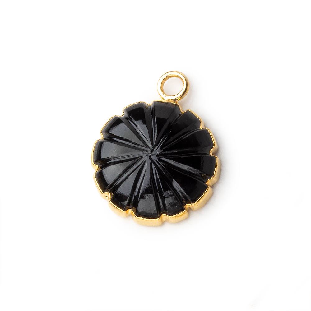 14mm 22kt Gold Leafed Black Chalcedony carved floral coin Pendant 1 focal bead (ONLINE ORDER ONLY)