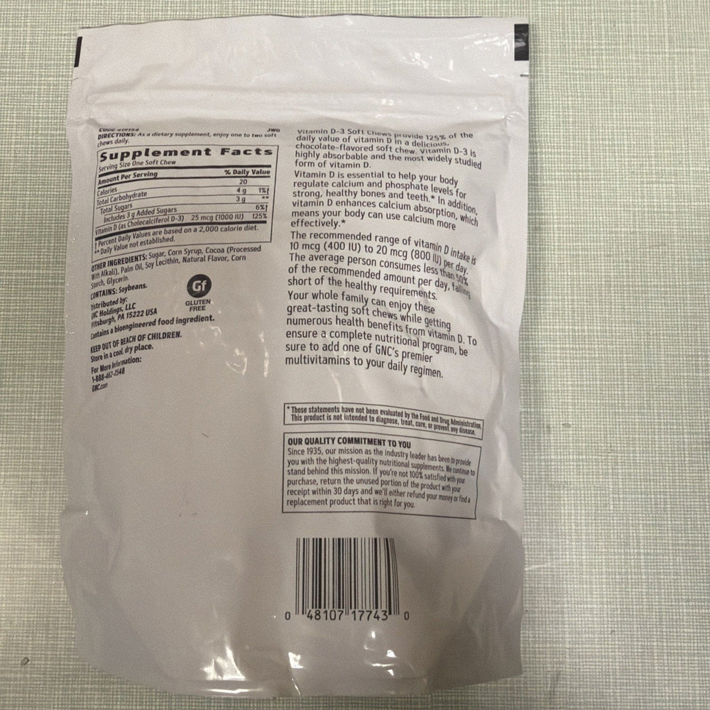 GNC Vitamin D-3 Soft Chews 1000IU - Chocolate (ONLINE ORDER ONLY)