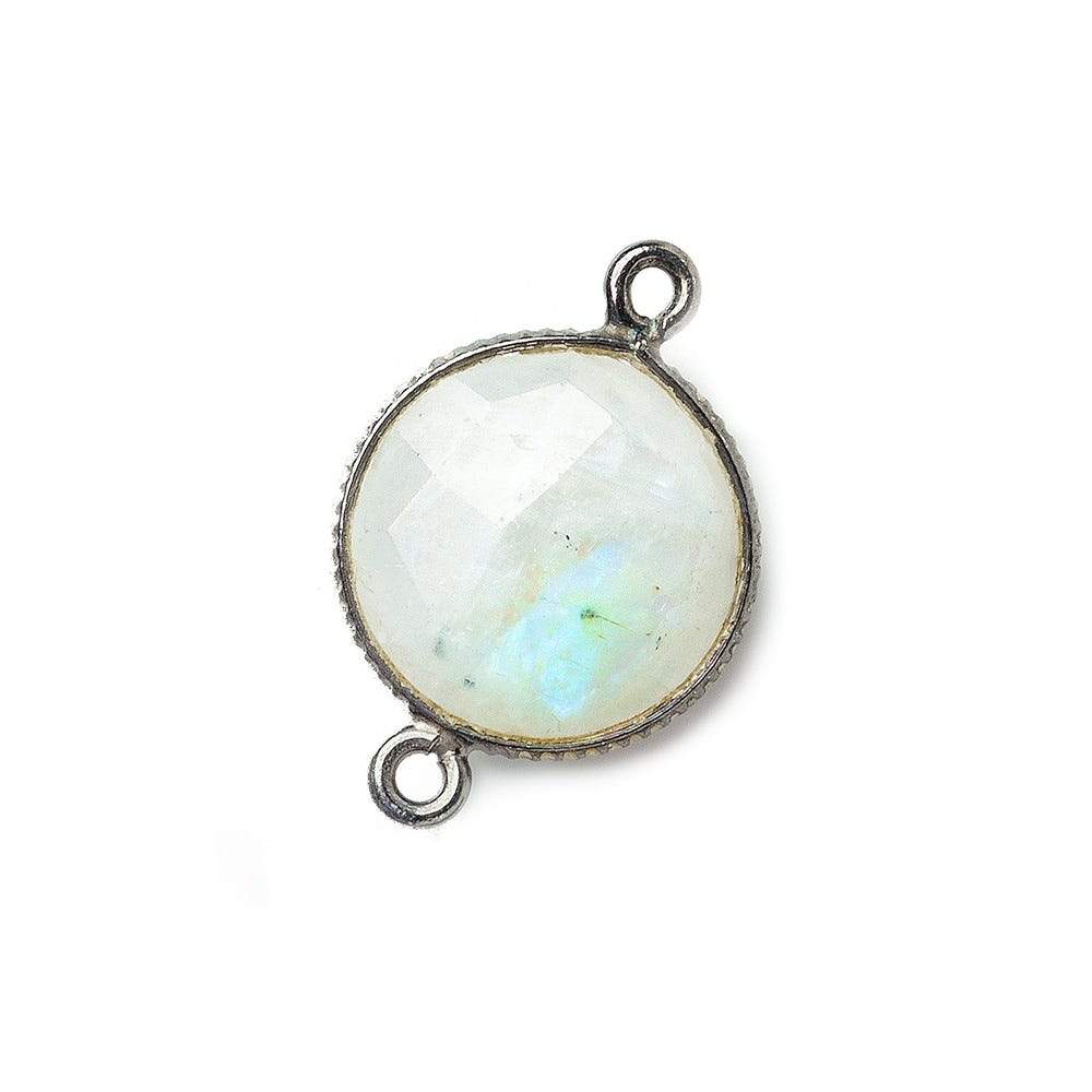 15mm Black Gold .925 Corrugated Bezel Rainbow Moonstone Coin 2 ring Connector 1 pc (ONLINE ORDER ONLY)