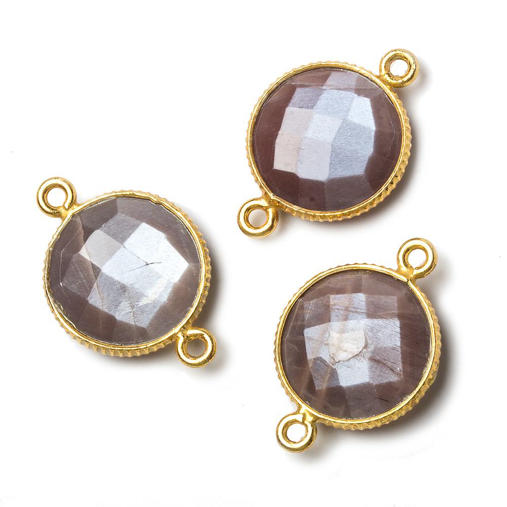 15mm Vermeil Corrugated Bezel Chocolate Moonstone coin 2 ring Connector 1 pc (ONLINE ORDER ONLY)