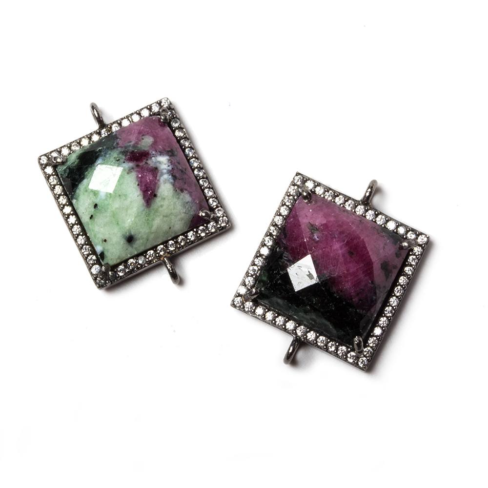 16x16mm Black Gold Bezel White CZ & Ruby in Zoisite Square Connector 1 pc (ONLINE ORDER ONLY)