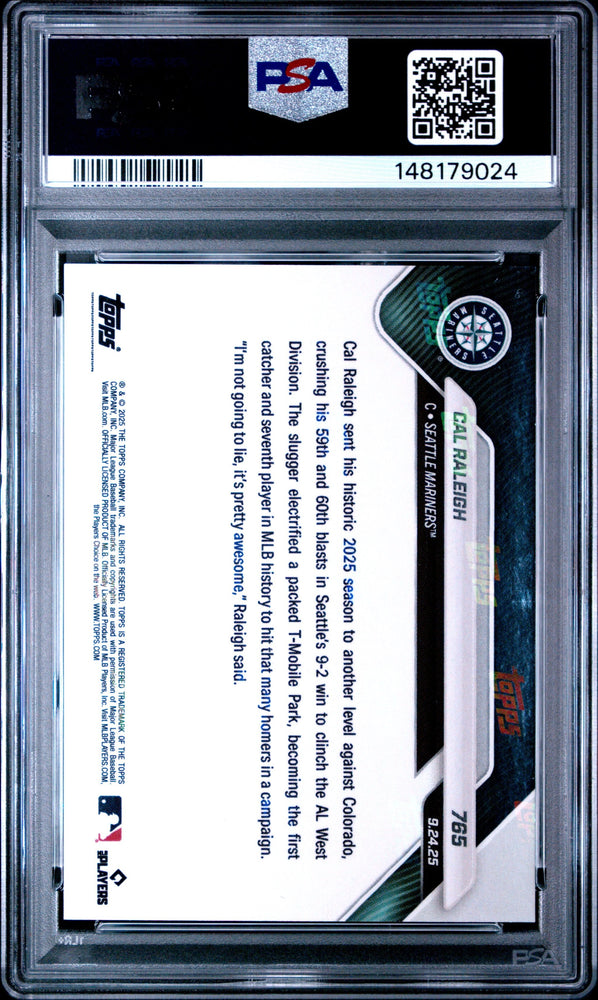 Graded 2025 Topps Now Cal Raleigh #765 Gold Foil /50 Baseball Card PSA 9 Mint