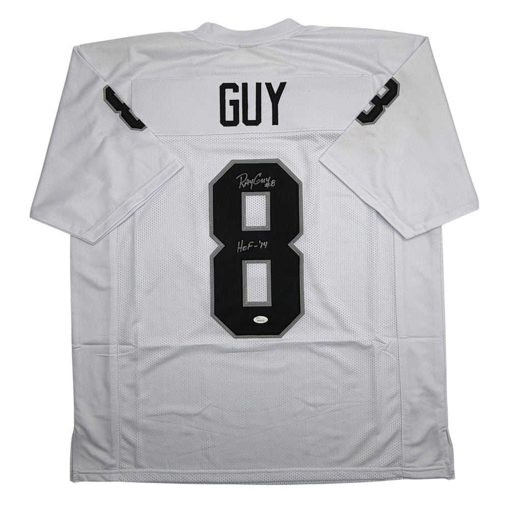 Autographed/Signed Ray Guy HOF 14 Oakland Las Vegas White Football Jersey JSA COA