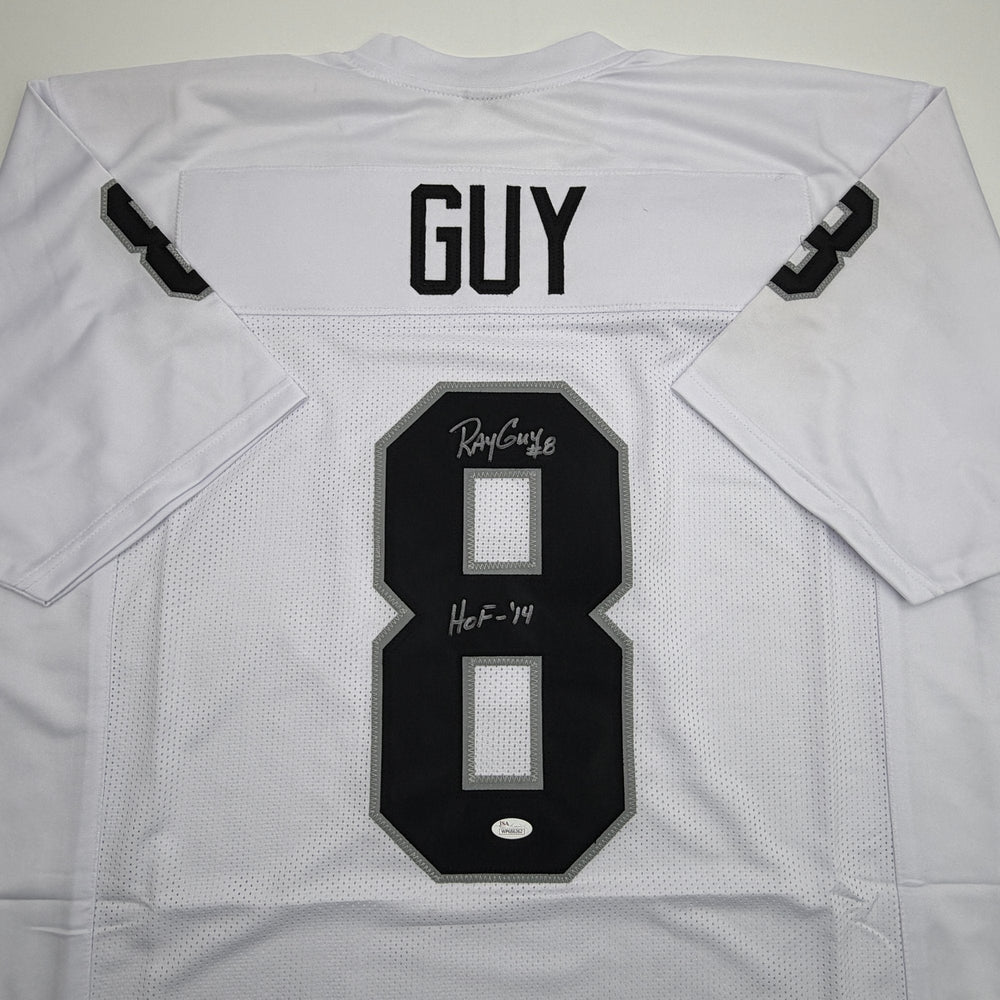 Autographed/Signed Ray Guy HOF 14 Oakland Las Vegas White Football Jersey JSA COA