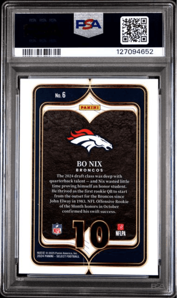 Graded 2024 Panini Select Bo Nix #6 Select Numbers Rookie RC Football Card PSA 10 Gem Mint