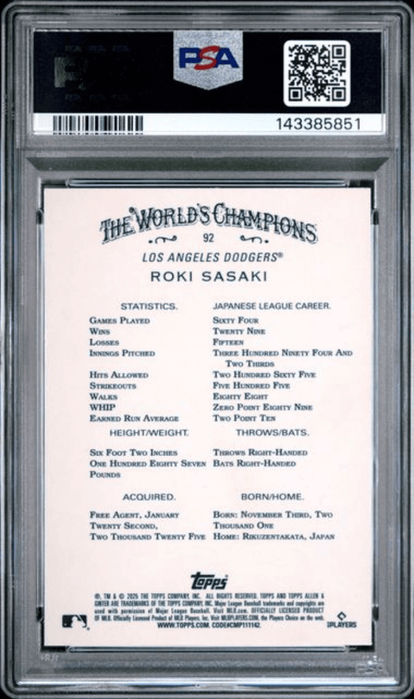 Graded 2025 Topps Allen & Ginter Roki Sasaki #92 Chrome Rookie RC Baseball Card PSA 10 Gem Mint