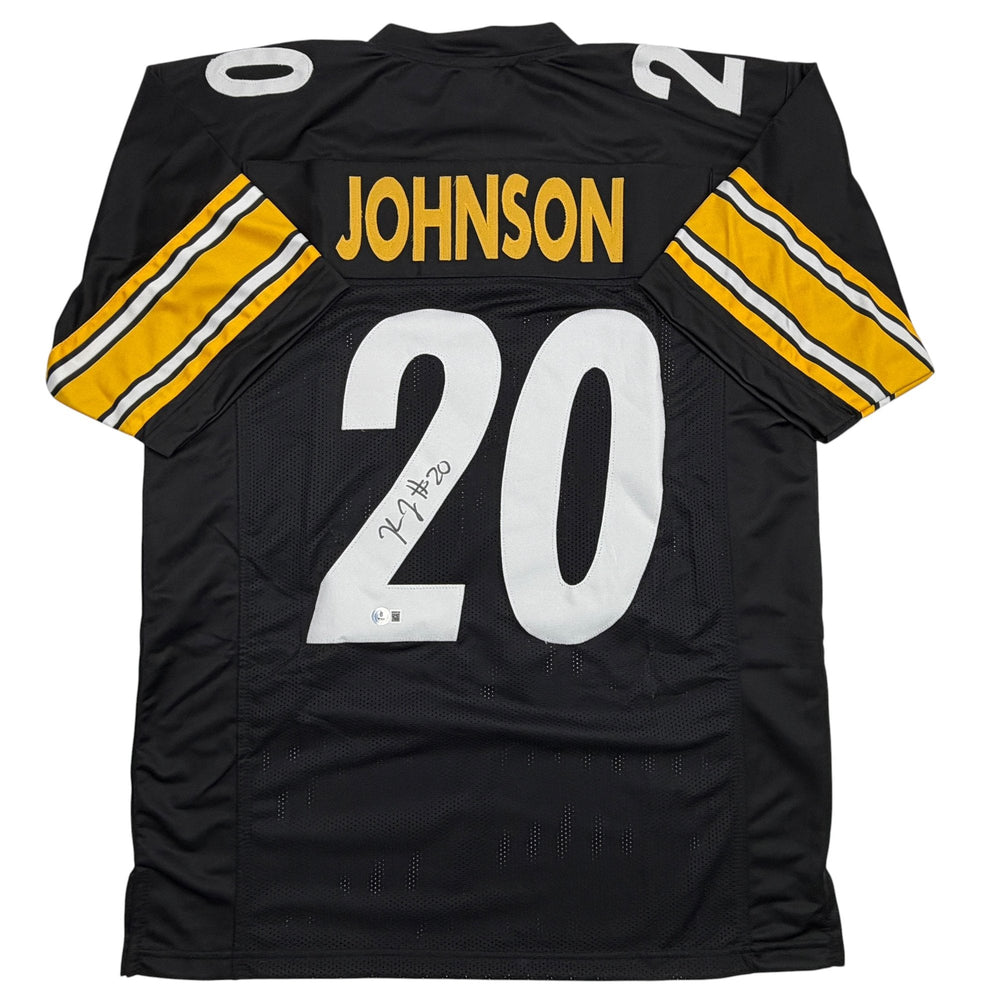 Autographed/Signed Kaleb Johnson Pittsburgh Black Football Jersey Beckett BAS COA