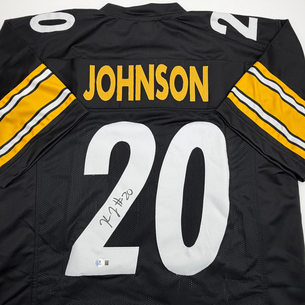 Autographed/Signed Kaleb Johnson Pittsburgh Black Football Jersey Beckett BAS COA