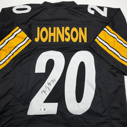 Autographed/Signed Kaleb Johnson Pittsburgh Black Football Jersey Beckett BAS COA