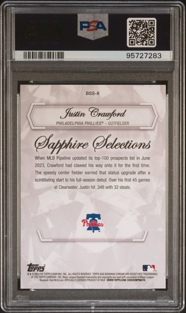 Graded 2023 Bowman Chrome Sapphire Selections Justin Crawford #BSS8 Rookie RC Baseball Card PSA 10 Gem Mint